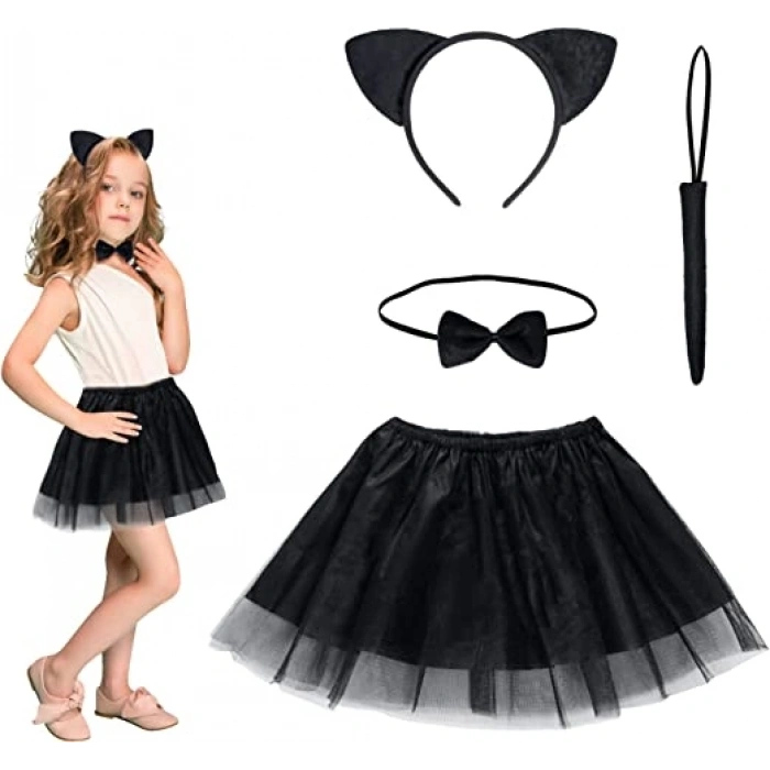 Cat Skirt, Crown, Tail and Bow Tie Set Black Color Kid Size (5365)