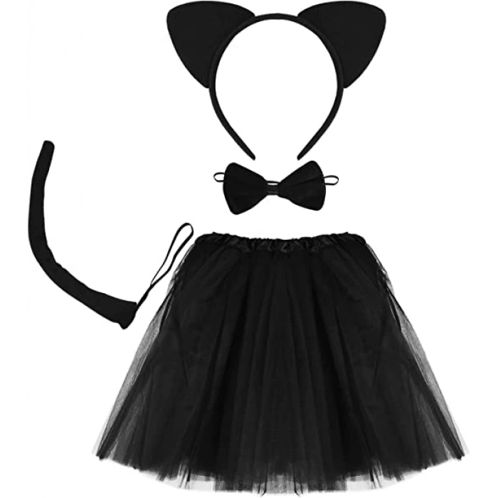 Cat Skirt, Crown, Tail and Bow Tie Set Black Color Kid Size (5365)