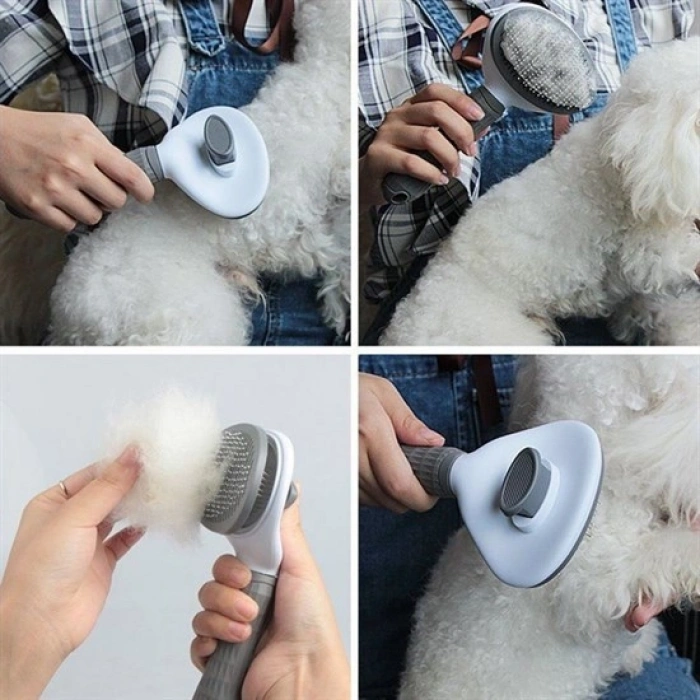 Kedi Köpek Tüy Toplayıcı Kendini Temizleyebilen Ergonomik Rahat Evcil Hayvan Tarağı Gri (5365)