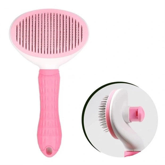 Kedi Köpek Tüy Toplayıcı Kendini Temizleyebilen Ergonomik Saplı Evcil Hayvan Tarağı Pembe (5365)