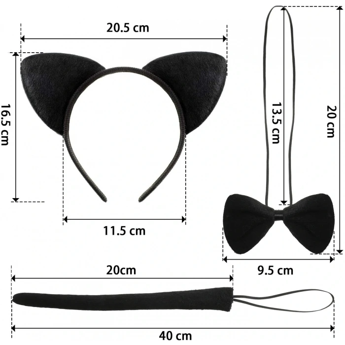 Kedi Kostüm Taç Kuyruk Papyon Seti 1 Adet (5365)