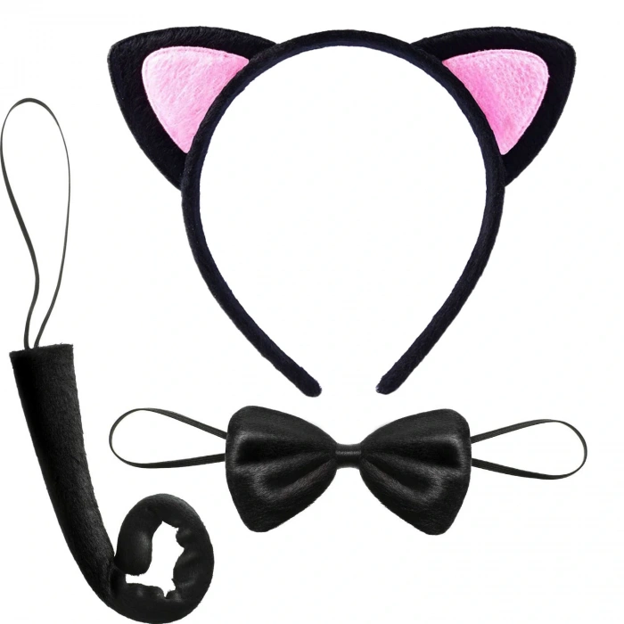 Kedi Kulak Taç Kuyruk ve Papyon 3 lü Set Çocuk Boy Pembe Renk (5365)