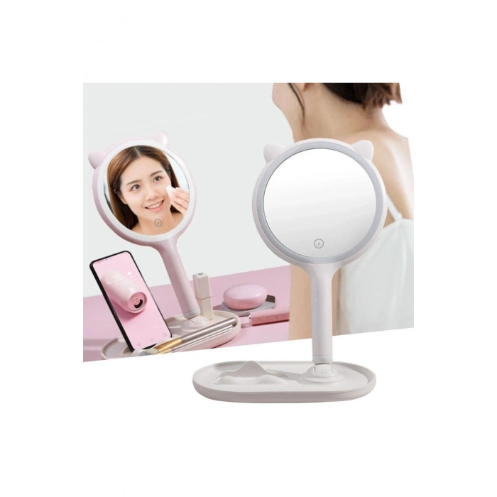 Kedi Kulaklı Telefon Standlı Yuvarlak Dokunmatik Led Ayarlı Masa Üstü Makyaj Aynası
