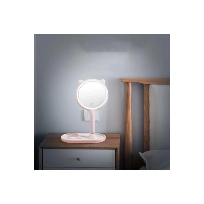 Kedi Kulaklı Telefon Standlı Yuvarlak Dokunmatik Led Ayarlı Masa Üstü Makyaj Aynası