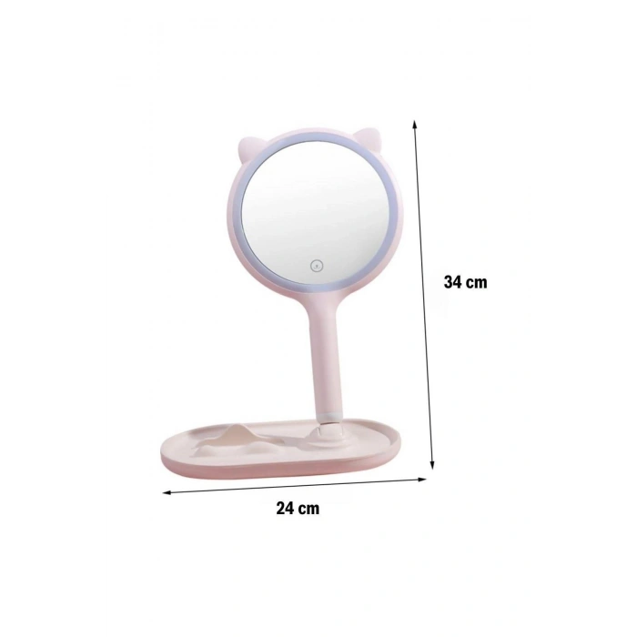 Kedi Kulaklı Telefon Standlı Yuvarlak Dokunmatik Led Ayarlı Masa Üstü Makyaj Aynası