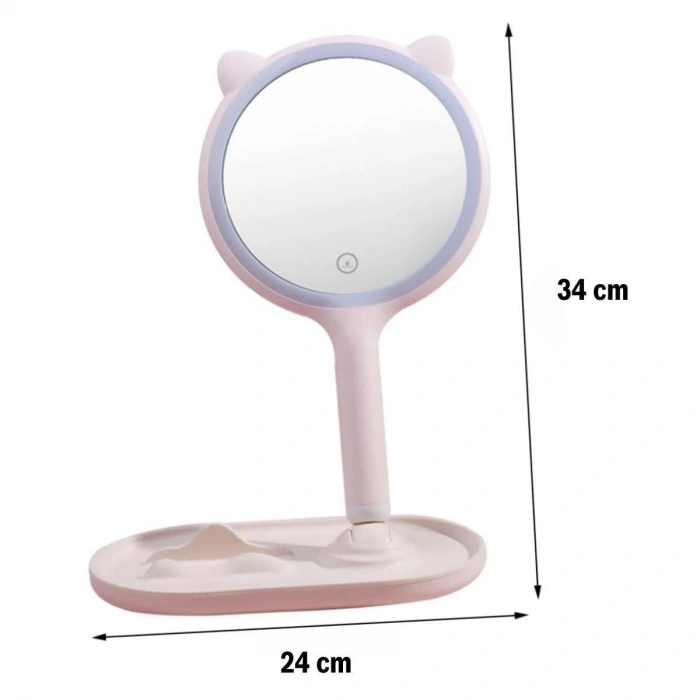 Kedi Kulaklı Telefon Standlı Yuvarlak Dokunmatik Led Ayarlı Masa Üstü Makyaj Aynası (5365)