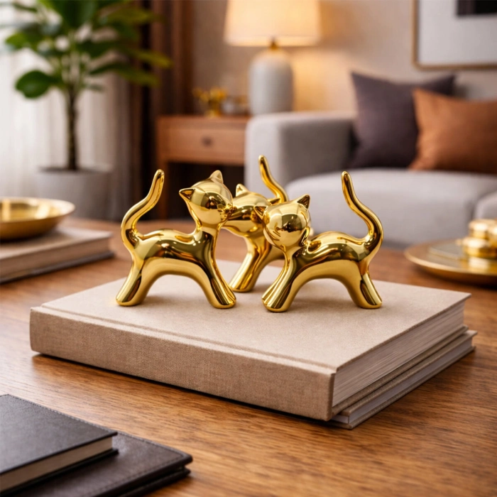 Cat Design Small Ceramic Figurine - Glossy Gold - Decorative Ornament