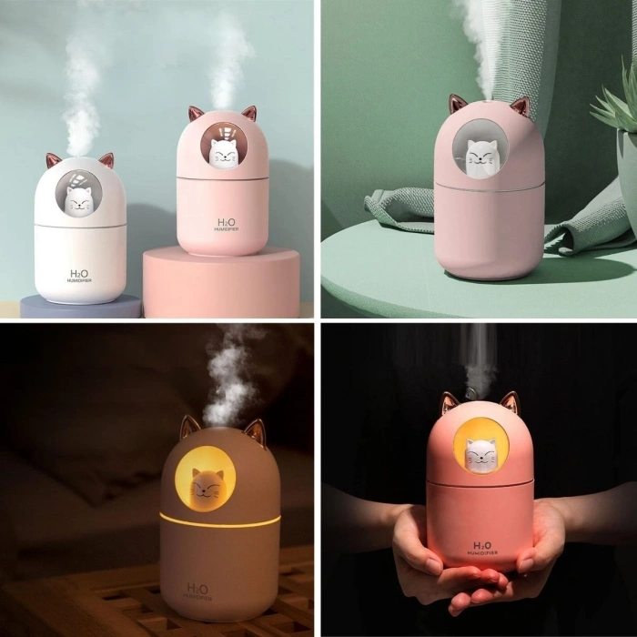 Kedicik Figürlü Hava Nemlendirici – Ultrasonik Soğuk Buhar Makinesi, LED Işıklı Masaüstü Oda Nemlendirici