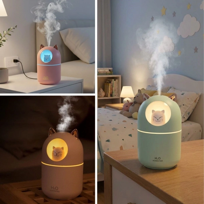 Kedicik Figürlü Hava Nemlendirici – Ultrasonik Soğuk Buhar Makinesi, LED Işıklı Masaüstü Oda Nemlendirici (5365)