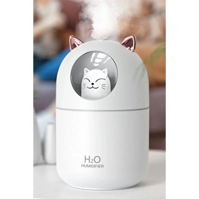 Kedicik Figürlü Hava Nemlendirici – Ultrasonik Soğuk Buhar Makinesi, LED Işıklı Masaüstü Oda Nemlendirici