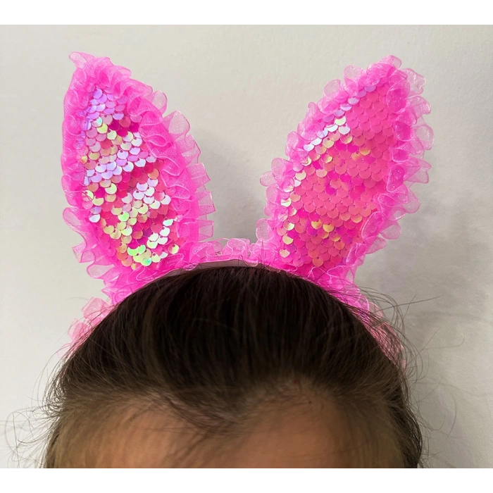 Kenarları Dantelli Fuşya Pullu Payetli Led Işıklı Tavşan Kulak Taç 23x19 cm (5365)