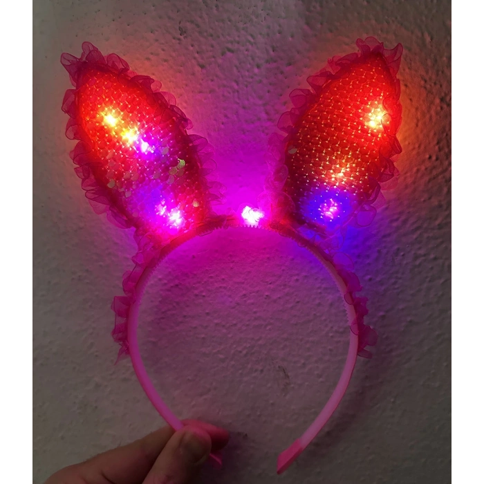 Kenarları Dantelli Fuşya Pullu Payetli Led Işıklı Tavşan Kulak Taç 23x19 cm (5365)