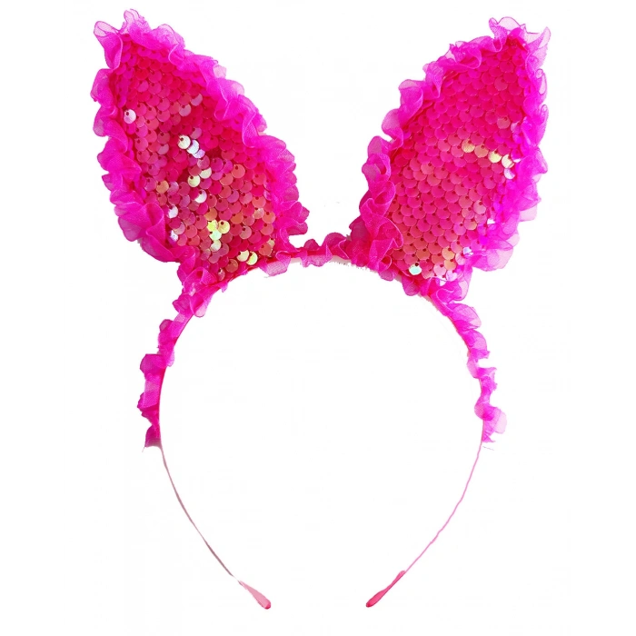 Kenarları Dantelli Fuşya Pullu Payetli Led Işıklı Tavşan Kulak Taç 23x19 cm (5365)