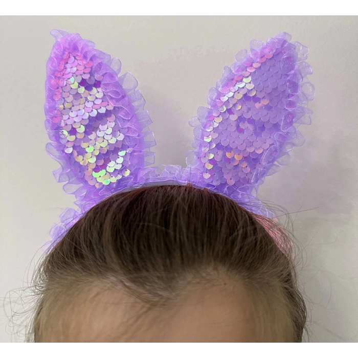 Kenarları Dantelli Mor Pullu Payetli Led Işıklı Tavşan Kulak Taç 23x19 cm (5365)