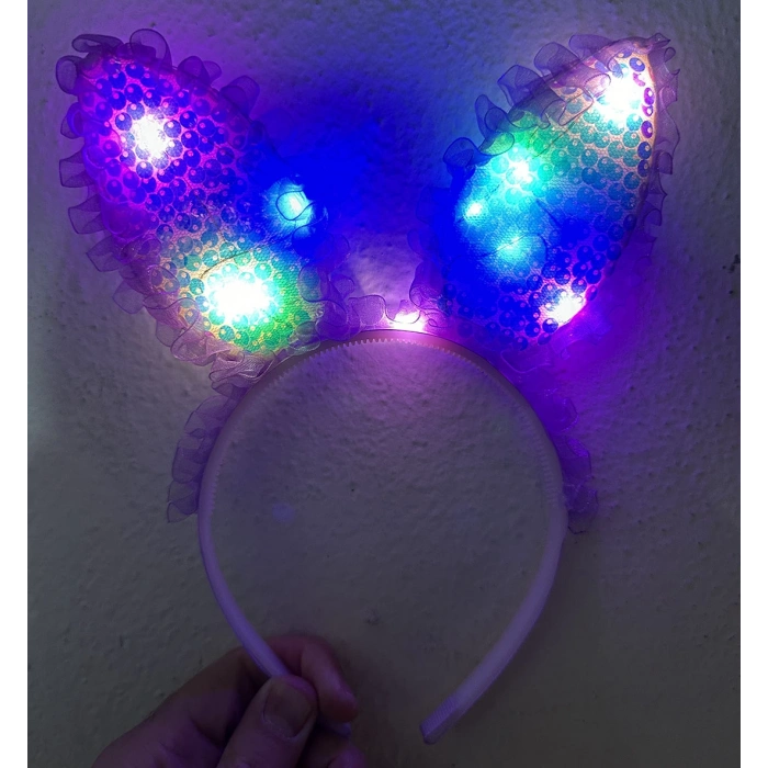 Kenarları Dantelli Mor Pullu Payetli Led Işıklı Tavşan Kulak Taç 23x19 cm (5365)