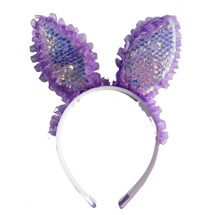 Kenarları Dantelli Mor Pullu Payetli Led Işıklı Tavşan Kulak Taç 23x19 cm (5365)