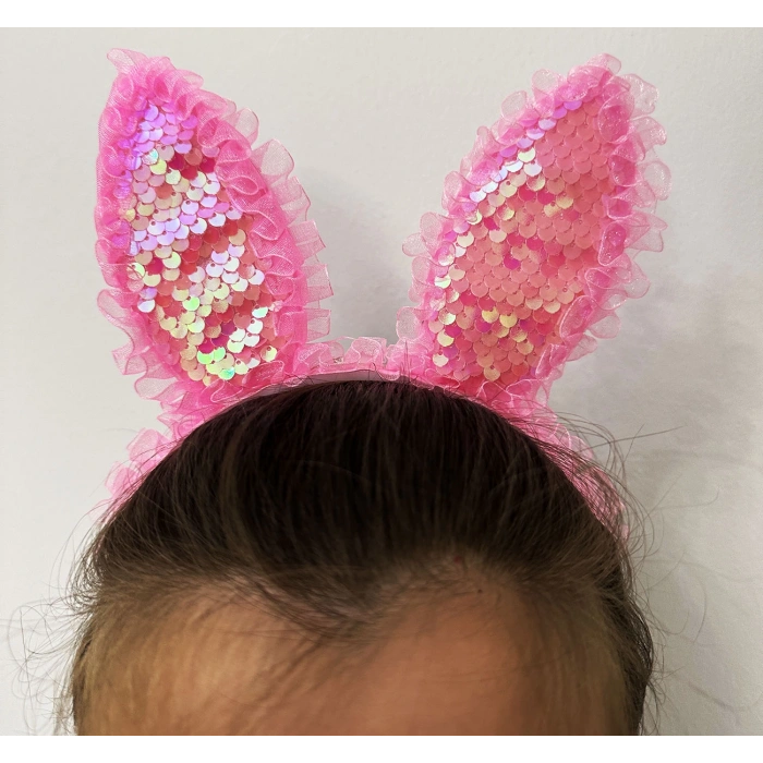 Kenarları Dantelli Pembe Pullu Payetli Led Işıklı Tavşan Kulak Taç 23x19 cm (5365)