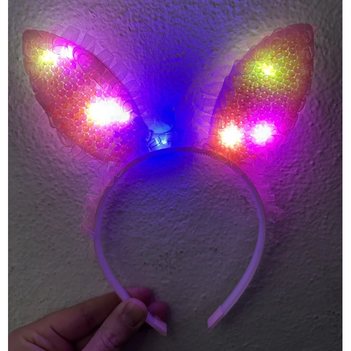 Kenarları Dantelli Pembe Pullu Payetli Led Işıklı Tavşan Kulak Taç 23x19 cm (5365)