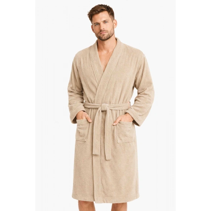 Kimono Yaka Unisex Pamuklu Tek Kişilik Bornoz Bej