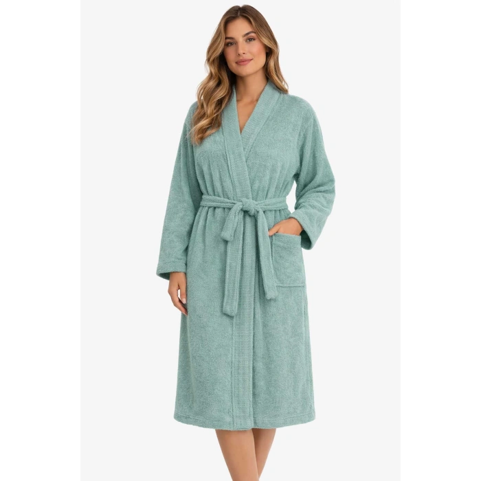 Kimono Yaka Unisex Pamuklu Tek Kişilik Bornoz  Yeşil