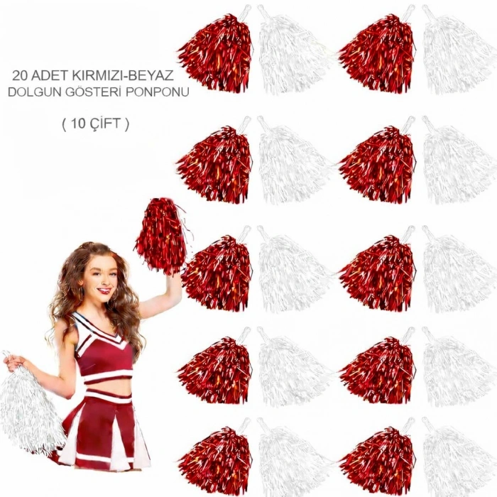 Red White Metallic Full Show Pom Pom 20 Pieces (10 Pairs) (5365)