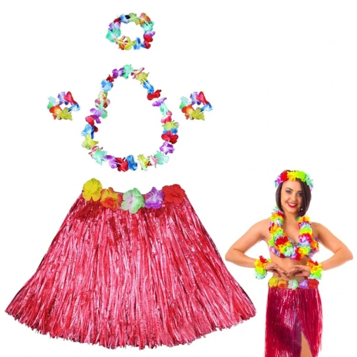 Kırmızı Hula Etek Ve Çiçek Kolye Seti 40 Cm