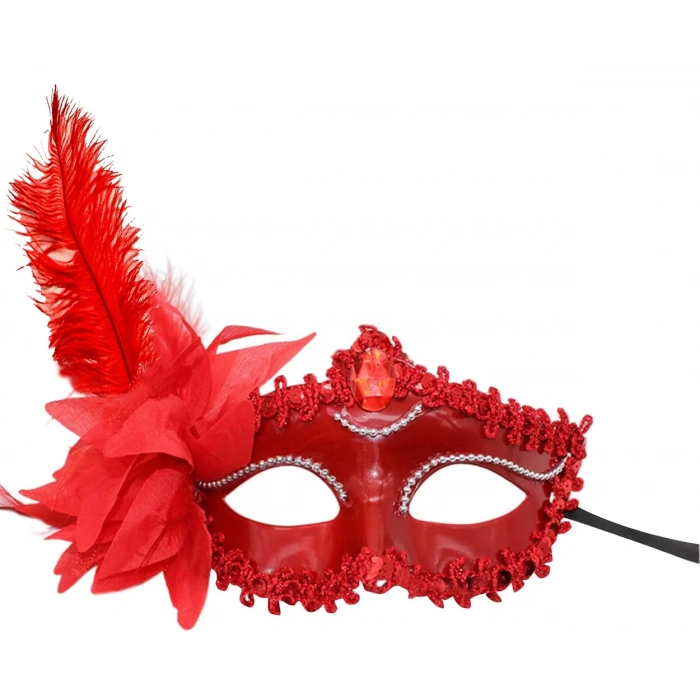 Kırmızı Mat Renk Yandan Tüylü Güllü Parti Balo Venedik Maskesi 16x22 (5365)