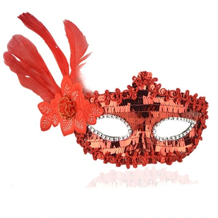 Red Sequined Feathered Party Mask