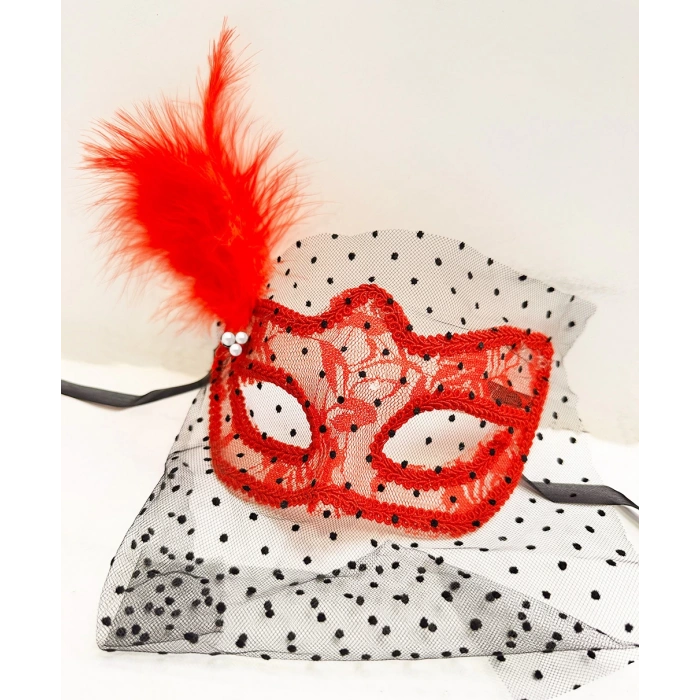 Kırmızı Renk Dantelli Duvaklı İncili Parti Maskesi Balo (5365)