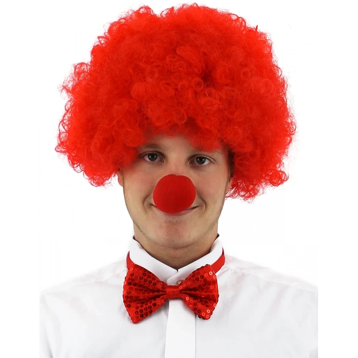 Kırmızı Renk Kıvırcık Afro Bonus Peruk Takma Saç ve Kırmızı Burun Seti (5365)