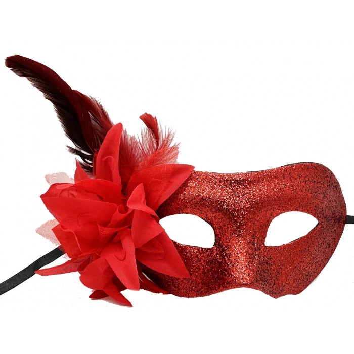 Red Color Shiny Feathered Party Mask