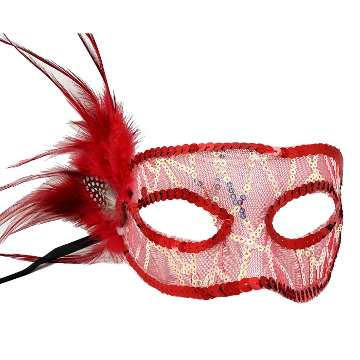 Red Side Feather Sequin Embroidered Party Mask 23x12 cm (5365)