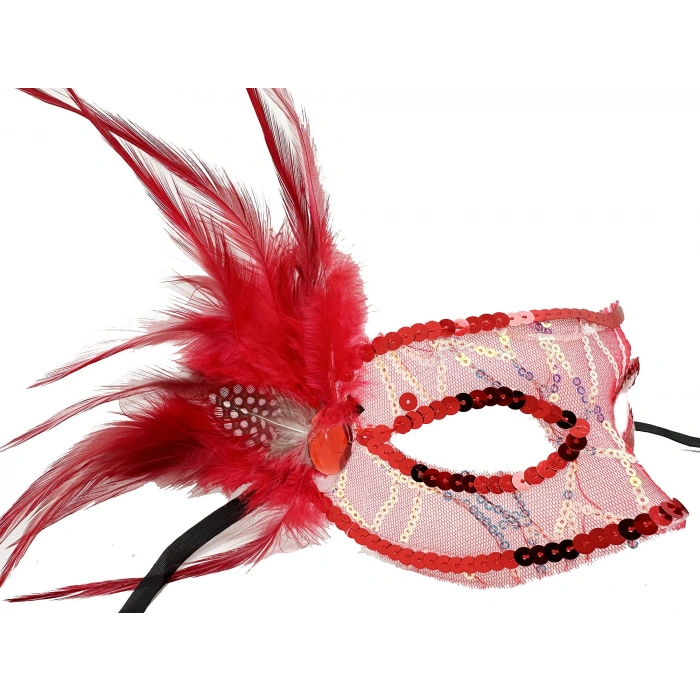 Red Side Feather Sequin Embroidered Party Mask 23x12 cm (5365)