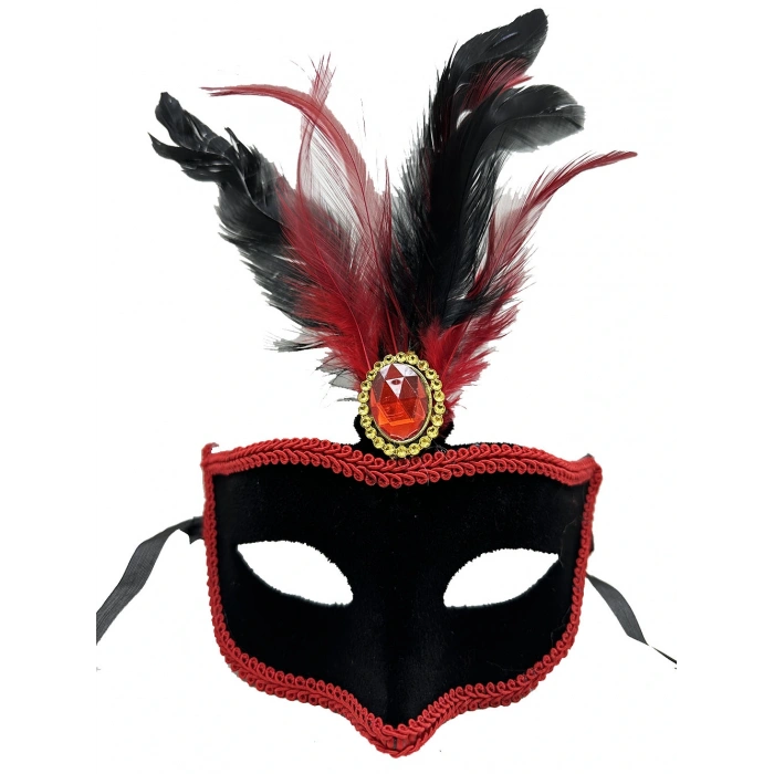 Red Feathered Black Suede Coated Party Mask
