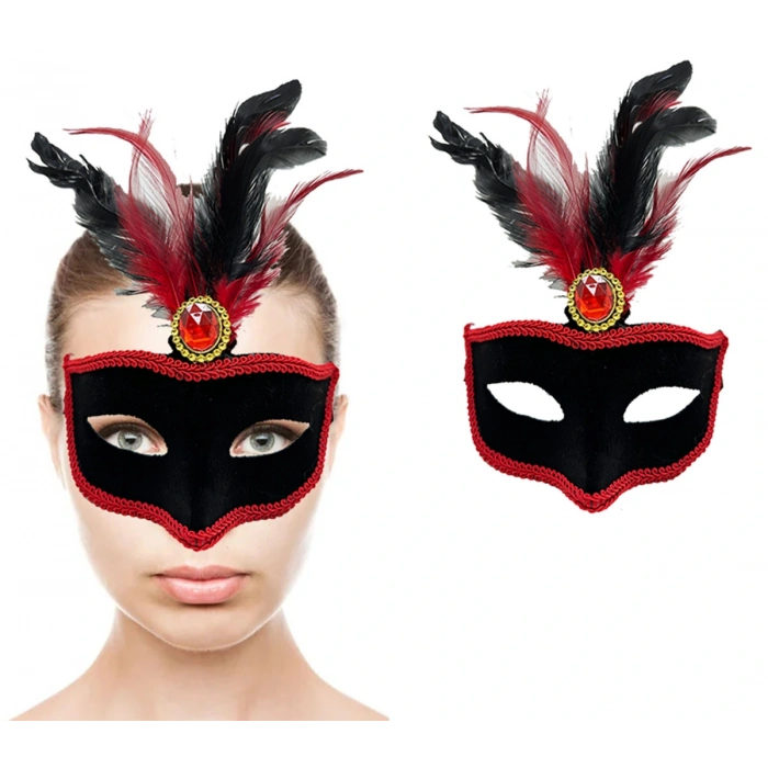 Red Feathered Black Suede Coated Party Mask