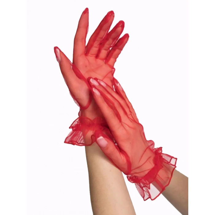 Short Length Lycra Lace Adult Tulle Gloves in Red Color