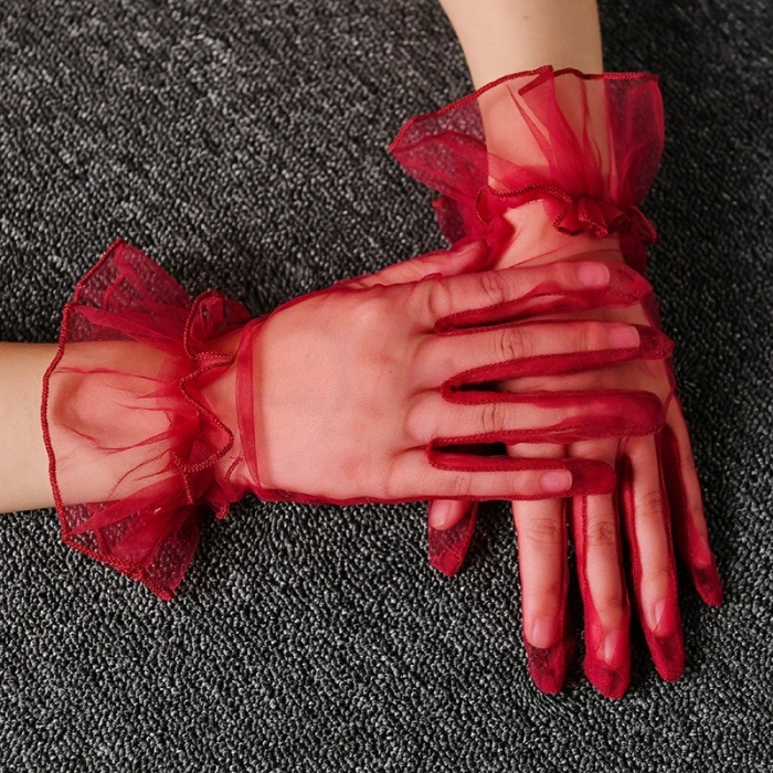 Short Length Lycra Lace Adult Tulle Gloves in Red Color