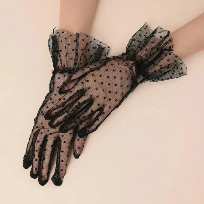 Short Lace Black Polka Dot Tulle Gloves