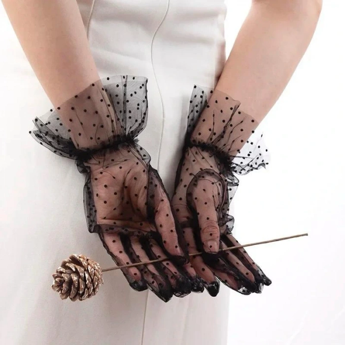 Short Lace Black Polka Dot Tulle Gloves