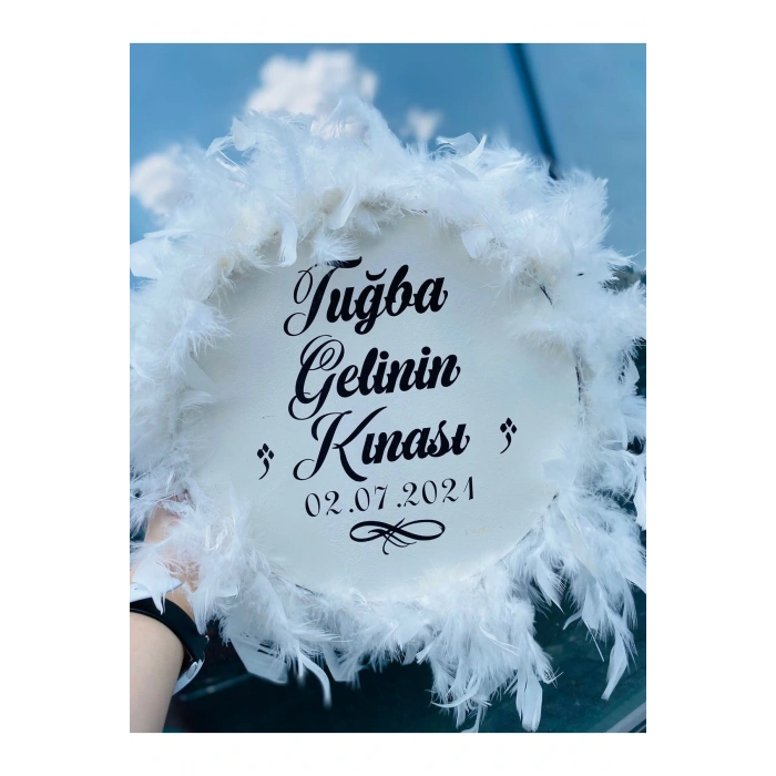 Kişiye Özel Tüylü Kına Gecesi Tefi,beyaz Tüylü Kına Tefi, Gelin Tefi (28 CM)