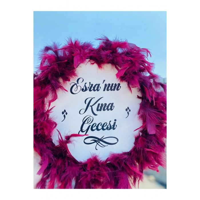 Kişiye Özel Tüylü Kına Gecesi Tefi,bordo Tüylü Kına Tefi, Gelin Tefi (28 CM)