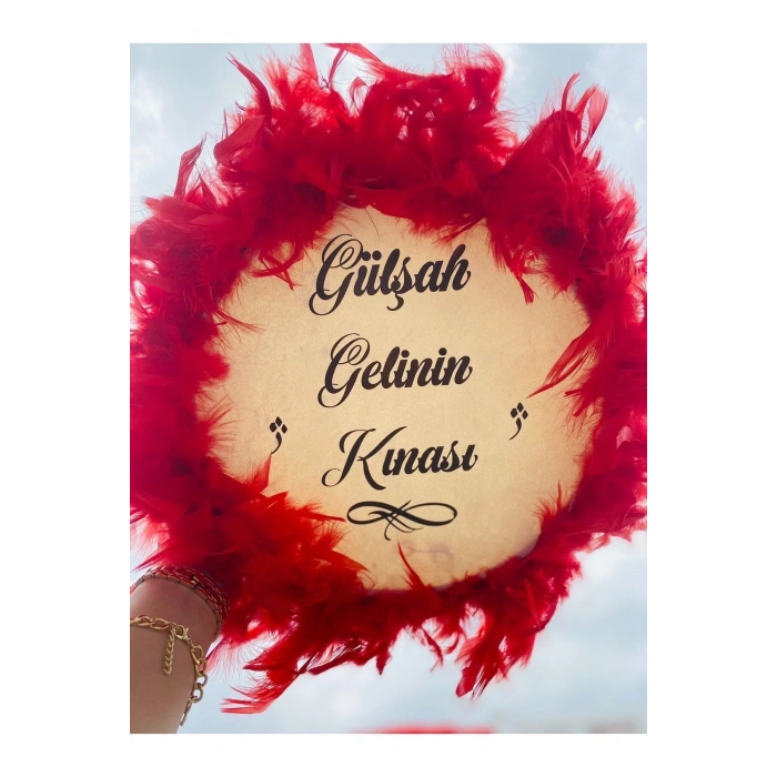 Kişiye Özel Tüylü Kına Gecesi Tefi,kırmızı Tüylü Gelin Tefi, Kına Tefi (22 CM)