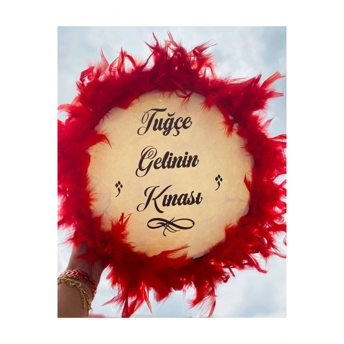 Kişiye Özel Tüylü Kına Gecesi Tefi,kırmızı Tüylü Kına Tefi, Gelin Tefi (28 CM)