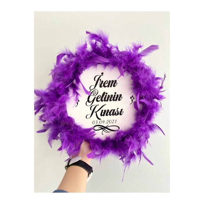 Kişiye Özel Tüylü Kına Gecesi Tefi,mor Tüylü Kına Tefi, Gelin Tefi (28 CM)
