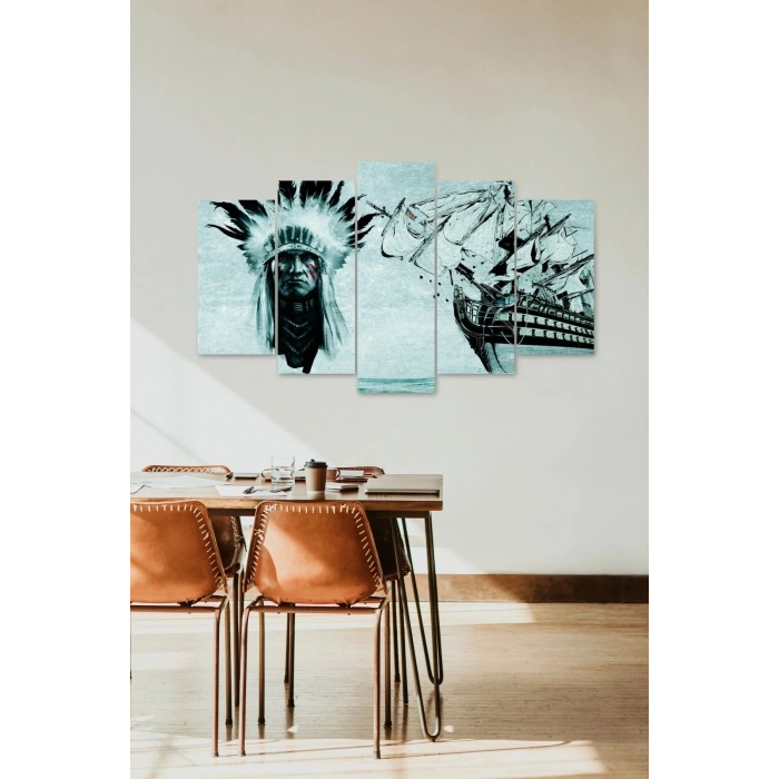 Kızılderili Gemi Manzara 5 Parçalı Mdf Tablo 60 x 100