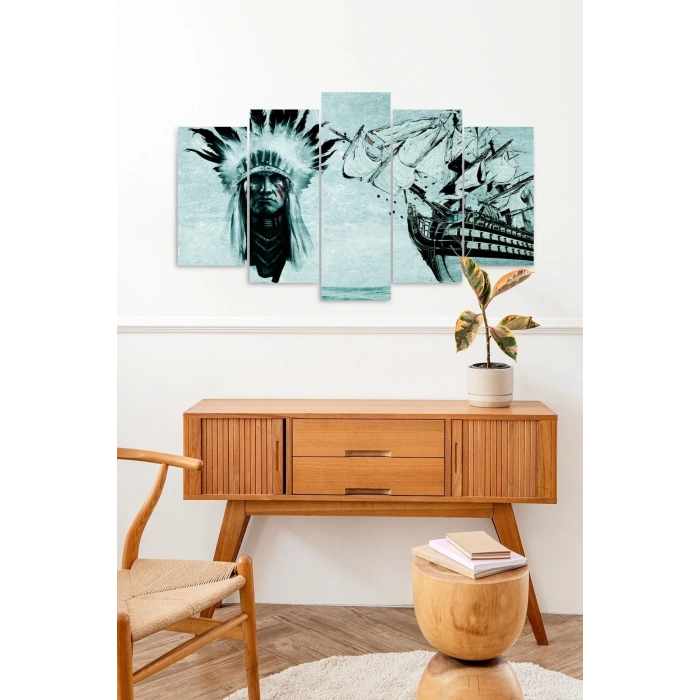 Kızılderili Gemi Manzara 5 Parçalı Mdf Tablo 60 x 100