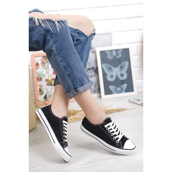 KN103 - Siyah Keten 5 cm Boy Uzatan Sneaker İnce Taban Bt Kısa Siyah