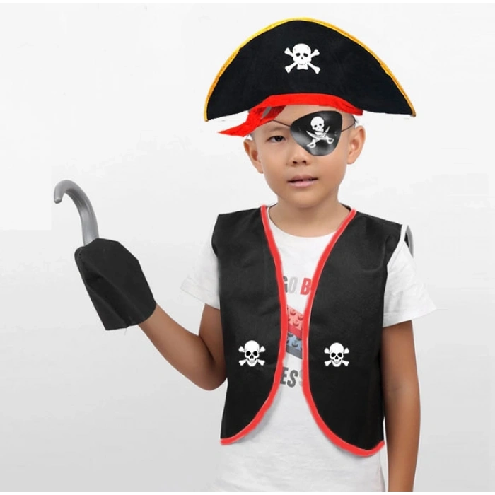 Pirate Costume Set Ages 4-6 - Vest Hat Mask Hook