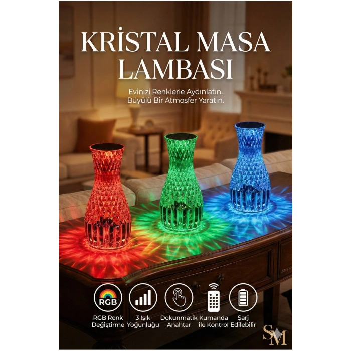 Kristal Masa Lambası Rgb Renk Değiştiren Gece Lambası 16 Renk Ve 4 Mod Dokunmatik Kontrol