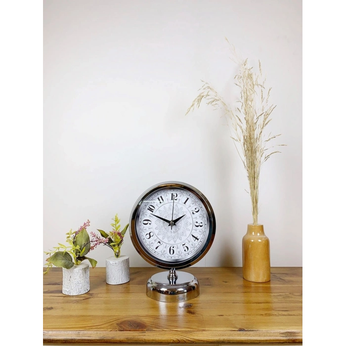 Krom Metal Çini Desen Masa Saati 25×20 cm